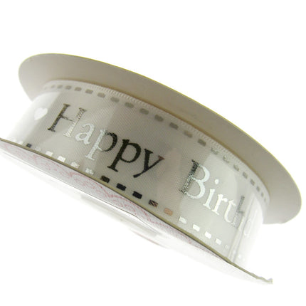 Happy Birthday Ribbon White Satin by Berties Bows - 3m x 25mm Ribbon Metallic