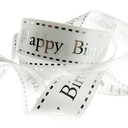 Happy Birthday Ribbon White Satin by Berties Bows - 3m x 25mm Ribbon Metallic