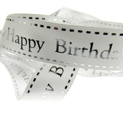 Happy Birthday Ribbon White Satin by Berties Bows - 3m x 25mm Ribbon Metallic