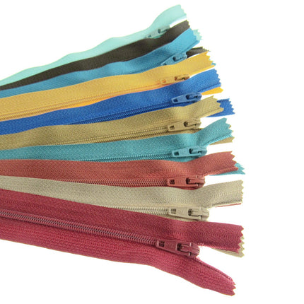 Nylon Closed End Zips - Egyptian Sample Mix - 10 Pack - 10 Sizes - 6" - 22" - ThreadandTrimmings