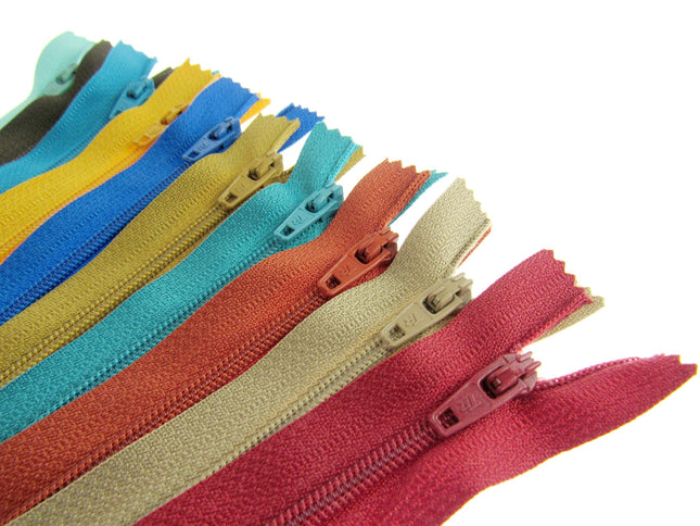 Nylon Closed End Zips - Egyptian Sample Mix - 10 Pack - 10 Sizes - 6" - 22" - ThreadandTrimmings