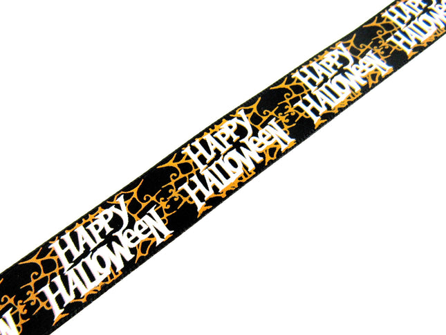 3m x 15mm Black Satin HAPPY Halloween Ribbon with Orange Spider Web 55096 - ThreadandTrimmings