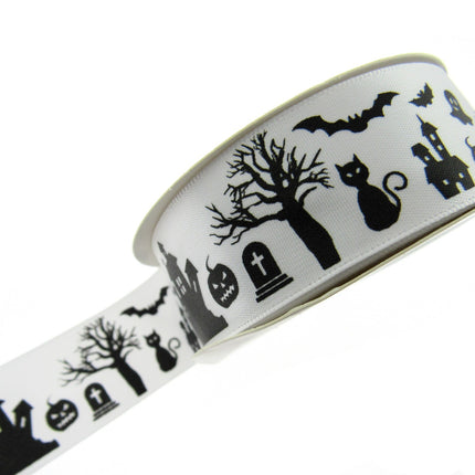 3m x White Halloween Ribbon with Haunted House, Witches & Tombstone 25mm  55084