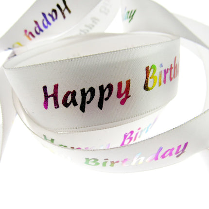 Happy Birthday Ribbon Printed in Variegated Colours on White Satin Ribbon - 23mm