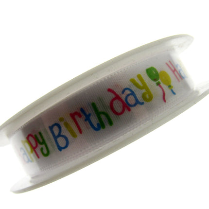 Happy Birthday Ribbon -White Single Sided Satin Ribbon with Woven Edge 15mm/25mm - ThreadandTrimmings