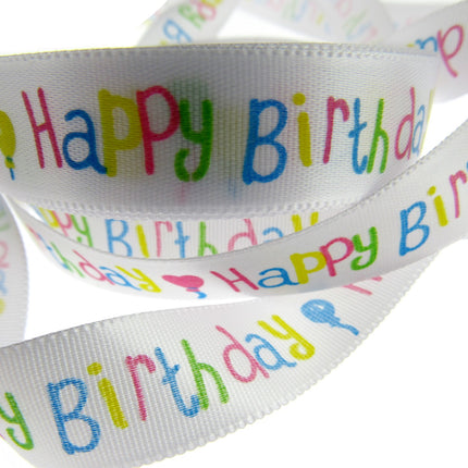 Happy Birthday Ribbon -White Single Sided Satin Ribbon with Woven Edge 15mm/25mm - ThreadandTrimmings