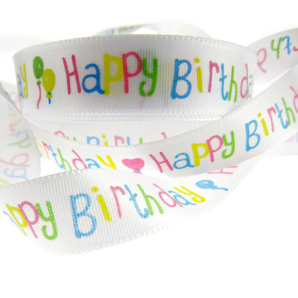 Happy Birthday Ribbon -White Single Sided Satin Ribbon with Woven Edge 15mm/25mm - ThreadandTrimmings