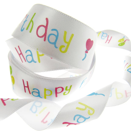 Happy Birthday Ribbon -White Single Sided Satin Ribbon with Woven Edge 15mm/25mm - ThreadandTrimmings