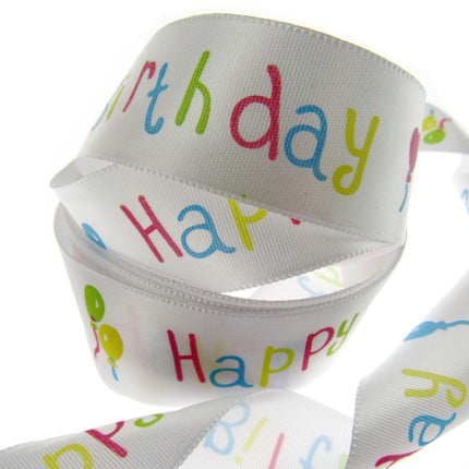 Happy Birthday Ribbon -White Single Sided Satin Ribbon with Woven Edge 15mm/25mm - ThreadandTrimmings