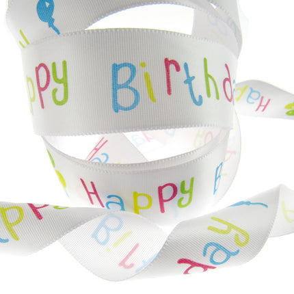 Happy Birthday Ribbon -White Single Sided Satin Ribbon with Woven Edge 15mm/25mm - ThreadandTrimmings