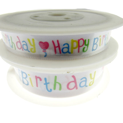 Happy Birthday Ribbon -White Single Sided Satin Ribbon with Woven Edge 15mm/25mm - ThreadandTrimmings