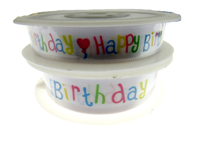 Happy Birthday Ribbon -White Single Sided Satin Ribbon with Woven Edge 15mm/25mm - ThreadandTrimmings