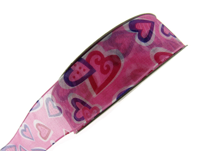 Wired Edge Organza Ribbon with Pink & Purple Love Hearts - 5m x 38mm 5467.39