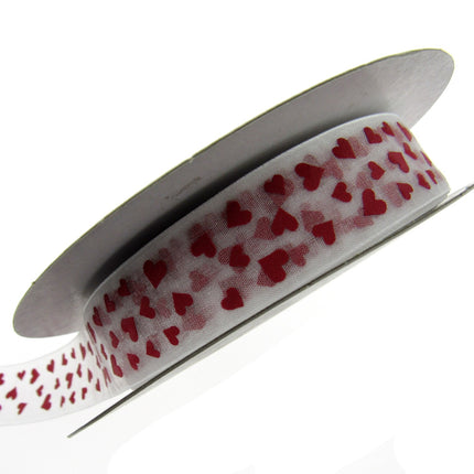 Heart Organza Ribbon with Red Love Hearts for Valentines Day - 5m x 25mm
