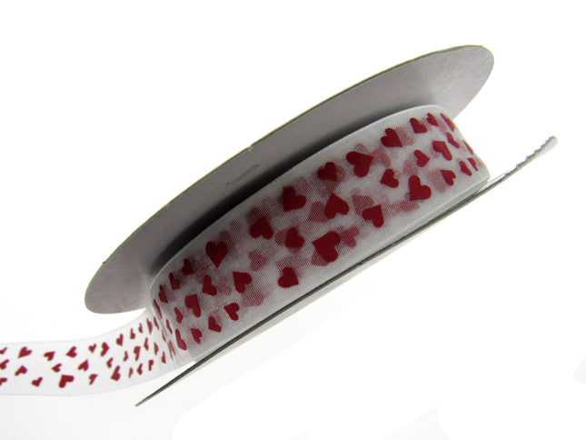 Heart Organza Ribbon with Red Love Hearts for Valentines Day - 5m x 25mm