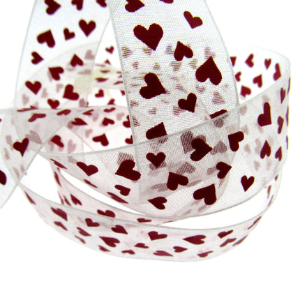Heart Organza Ribbon with Red Love Hearts for Valentines Day - 5m x 25mm