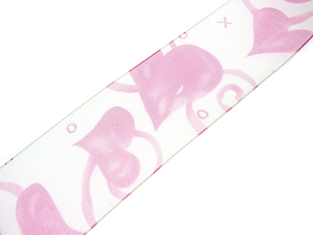 5m x 38mm Organza Ribbon with Pink Love Hearts for Valentines Day - ThreadandTrimmings