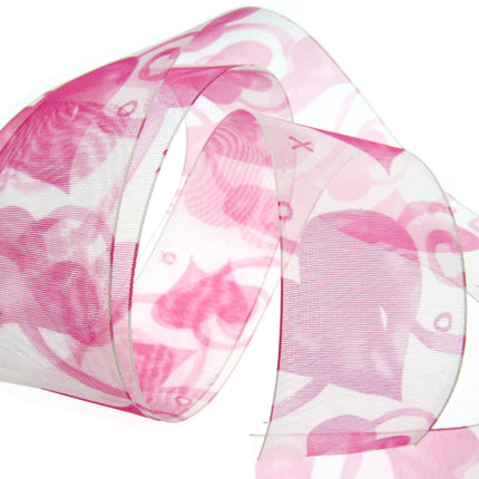 5m x 38mm Organza Ribbon with Pink Love Hearts for Valentines Day - ThreadandTrimmings
