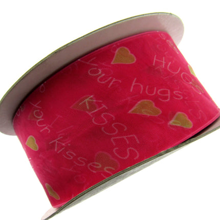 5m x 50mm Fuchsia Organza Ribbon with Love Hearts, I Love You & Hugs and Kisses