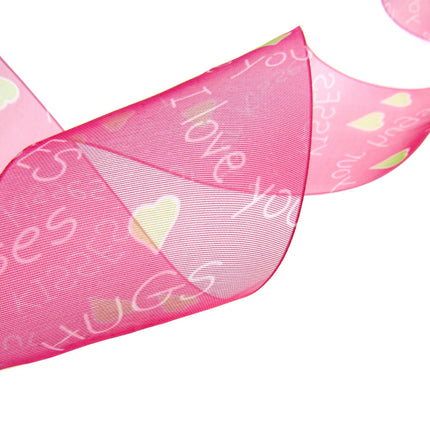 5m x 50mm Fuchsia Organza Ribbon with Love Hearts, I Love You & Hugs and Kisses