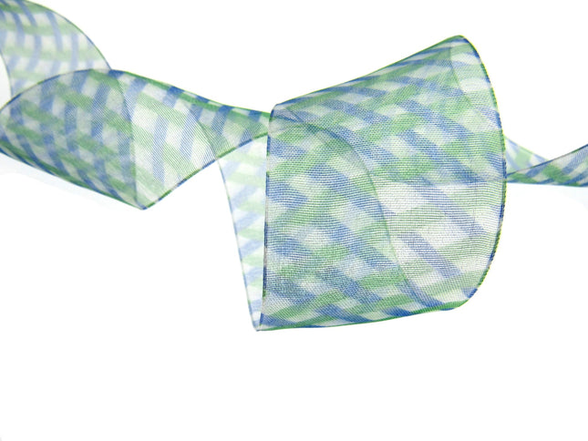 5m x 38mm Organza Ribbon with Blue and Green Diamond Weave - ThreadandTrimmings