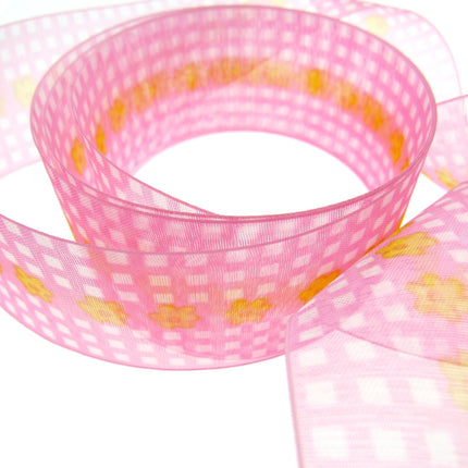 5m x 38mm Organza Ribbon in Pink Chequered Border and Yellow Daisy Centre Stripe