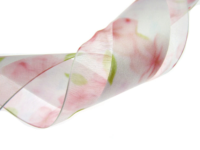5m x 68mm Rose Pink Organza Ribbon with Pink Daisy on Central Satin Ribbon - ThreadandTrimmings