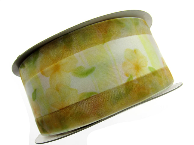5m x 68mm Lemon Organza Ribbon with Yellow Daisy on Central Satin Ribbon