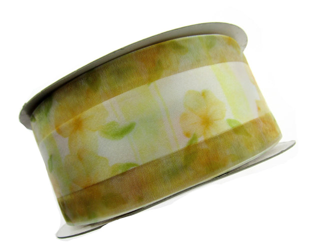 5m x 68mm Lemon Organza Ribbon with Yellow Daisy on Central Satin Ribbon