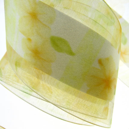 5m x 68mm Lemon Organza Ribbon with Yellow Daisy on Central Satin Ribbon