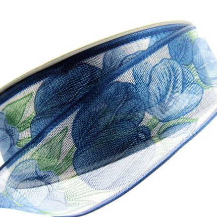Wired Edge Organza Ribbon with Royal Blue Tulip & Green Leaves - 5m x 35mm - ThreadandTrimmings