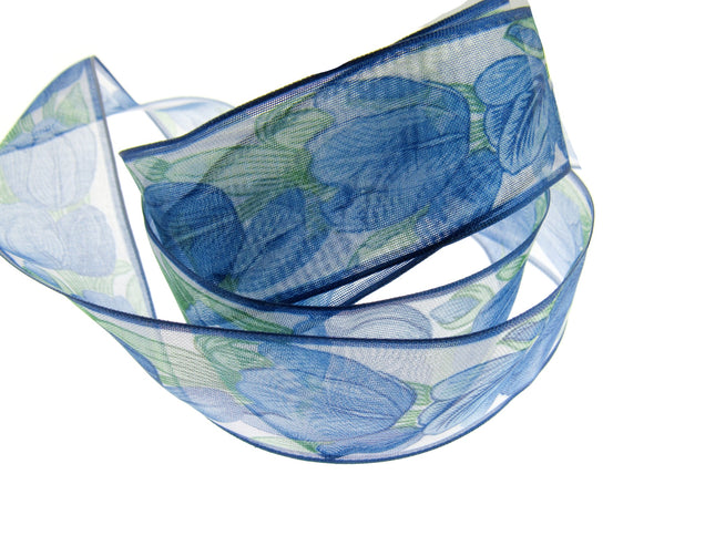 Wired Edge Organza Ribbon with Royal Blue Tulip & Green Leaves - 5m x 35mm - ThreadandTrimmings