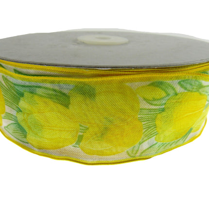 Wired Edge Organza Ribbon with Lemon Tulip & Green Leaves - 5m x 35mm - ThreadandTrimmings