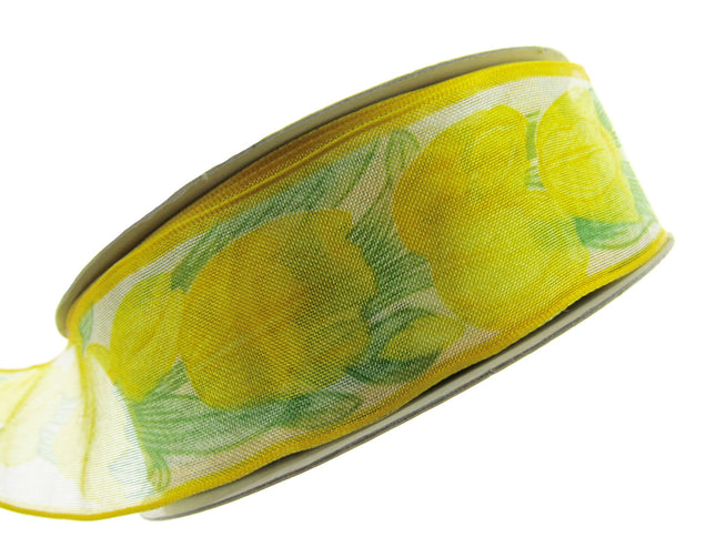 Wired Edge Organza Ribbon with Lemon Tulip & Green Leaves - 5m x 35mm - ThreadandTrimmings