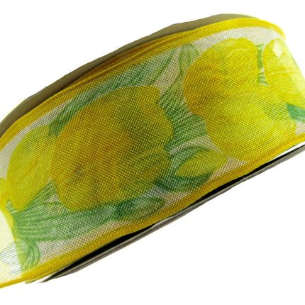 Wired Edge Organza Ribbon with Lemon Tulip & Green Leaves - 5m x 35mm - ThreadandTrimmings