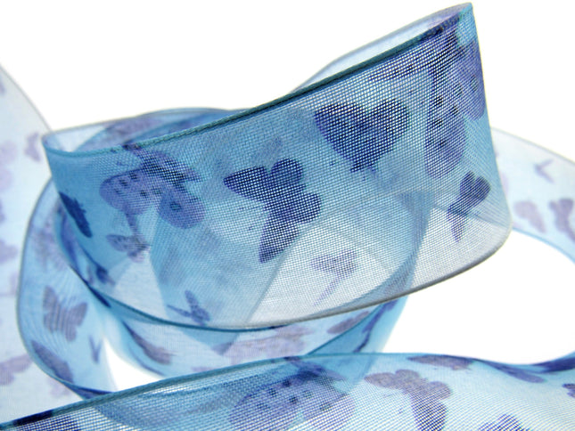 Wired Edge Organza Ribbon with Purple and Blue Butterfly's 5m x 38mm NRBC5575 - ThreadandTrimmings