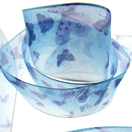 Wired Edge Organza Ribbon with Purple and Blue Butterfly's 5m x 38mm NRBC5575 - ThreadandTrimmings