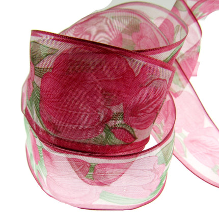 Wired Edge Organza Ribbon with Cerise Tulip & Green Leaves - 5m x 35mm - ThreadandTrimmings