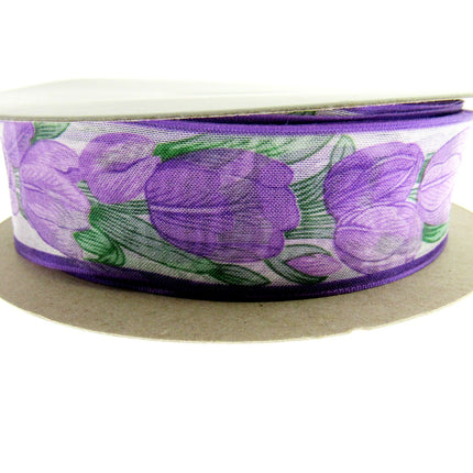 Wired Edge Organza Ribbon with Majenta Tulip & Green Leaves - 5m x 35mm