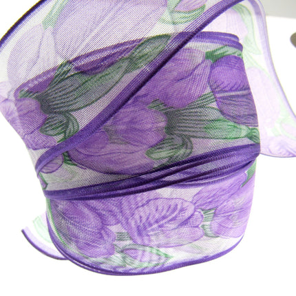 Wired Edge Organza Ribbon with Majenta Tulip & Green Leaves - 5m x 35mm