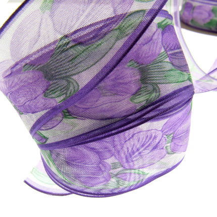 Wired Edge Organza Ribbon with Majenta Tulip & Green Leaves - 5m x 35mm