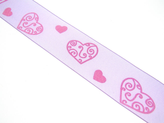 5m x 25mm Lilac Organza Ribbon with Red Love Hearts for Valentines Day - ThreadandTrimmings