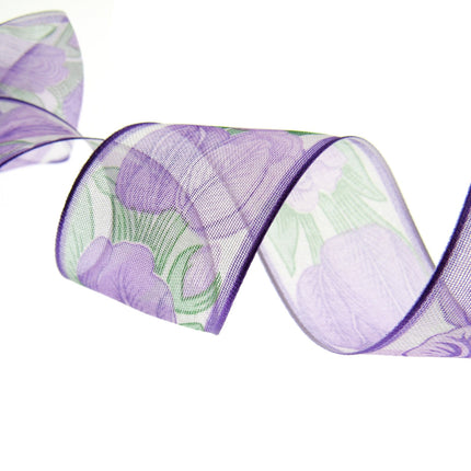 Wired Edge Organza Ribbon with Majenta Tulip & Green Leaves - 5m x 35mm