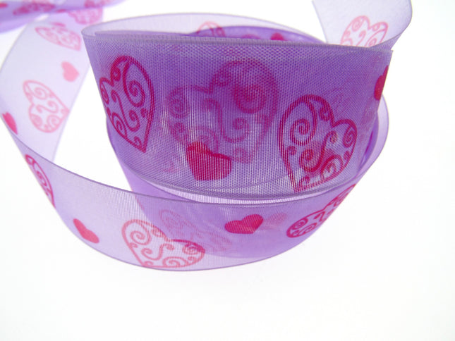 5m x 25mm Lilac Organza Ribbon with Red Love Hearts for Valentines Day - ThreadandTrimmings