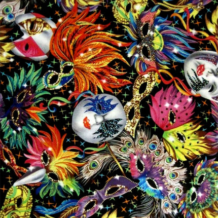 Black Cotton Fabric with Bright Colourful Carnival & Masks Theme 135cm Wide - ThreadandTrimmings
