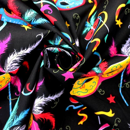 Black Cotton Fabric with Bright Colourful Masquerade Mask Theme 58" Wide