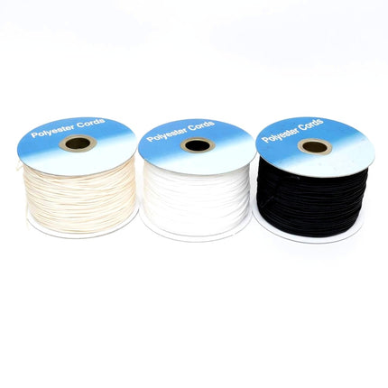 Three spools of polyester cord in black, white, and cream colors, labeled as such.