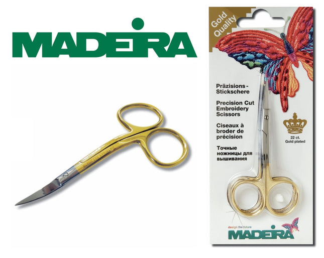 Double Curved Embroidery Scissors Madeira Gold Plated Precision Cut Scissors - ThreadandTrimmings