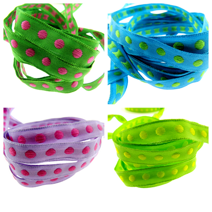 Bright Funky Narrow Ribbon with Woven Contrasting Spot - 10mm -5m or 20m Lengths - ThreadandTrimmings