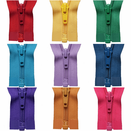 An array of YKK nylon open end zippers in various colours, including red, yellow, green, blue, purple, orange, and pink.